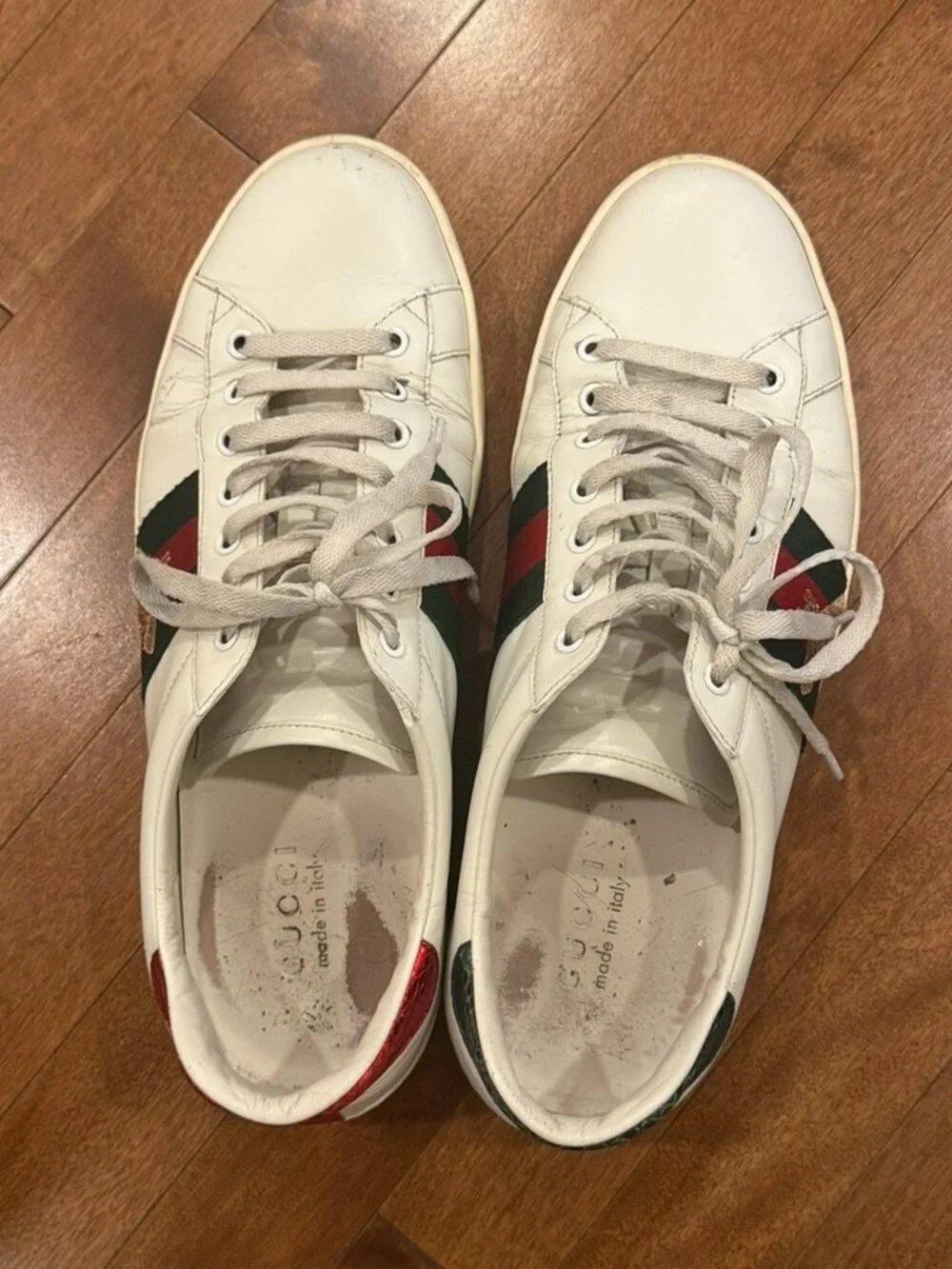 Gucci Men's White Leather Ace Sneakers Gold Bee - Size 11